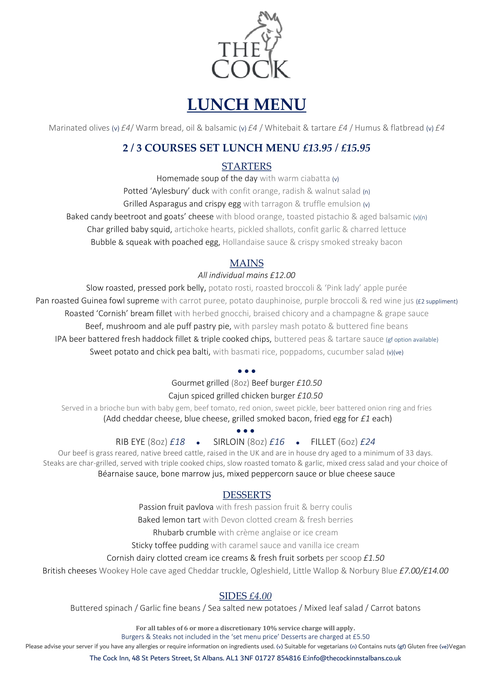 The Cock Inn Menu The Cock Inn