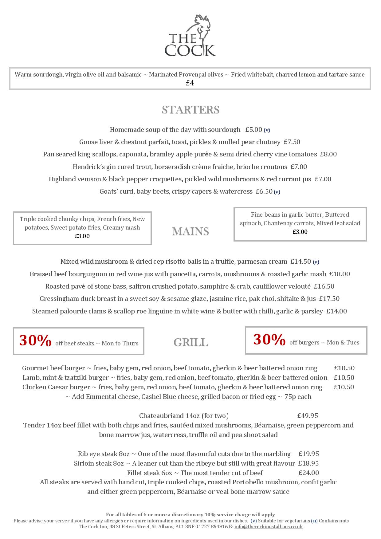 The Cock Inn Menu The Cock Inn